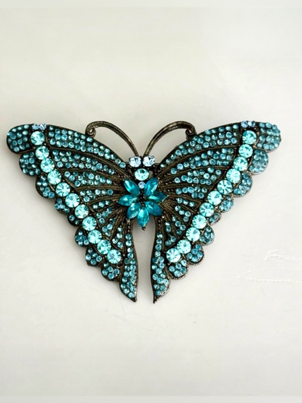 Blue Rhinestone Butterfly Brooch Statement Pin Silver Tone Vintage Style